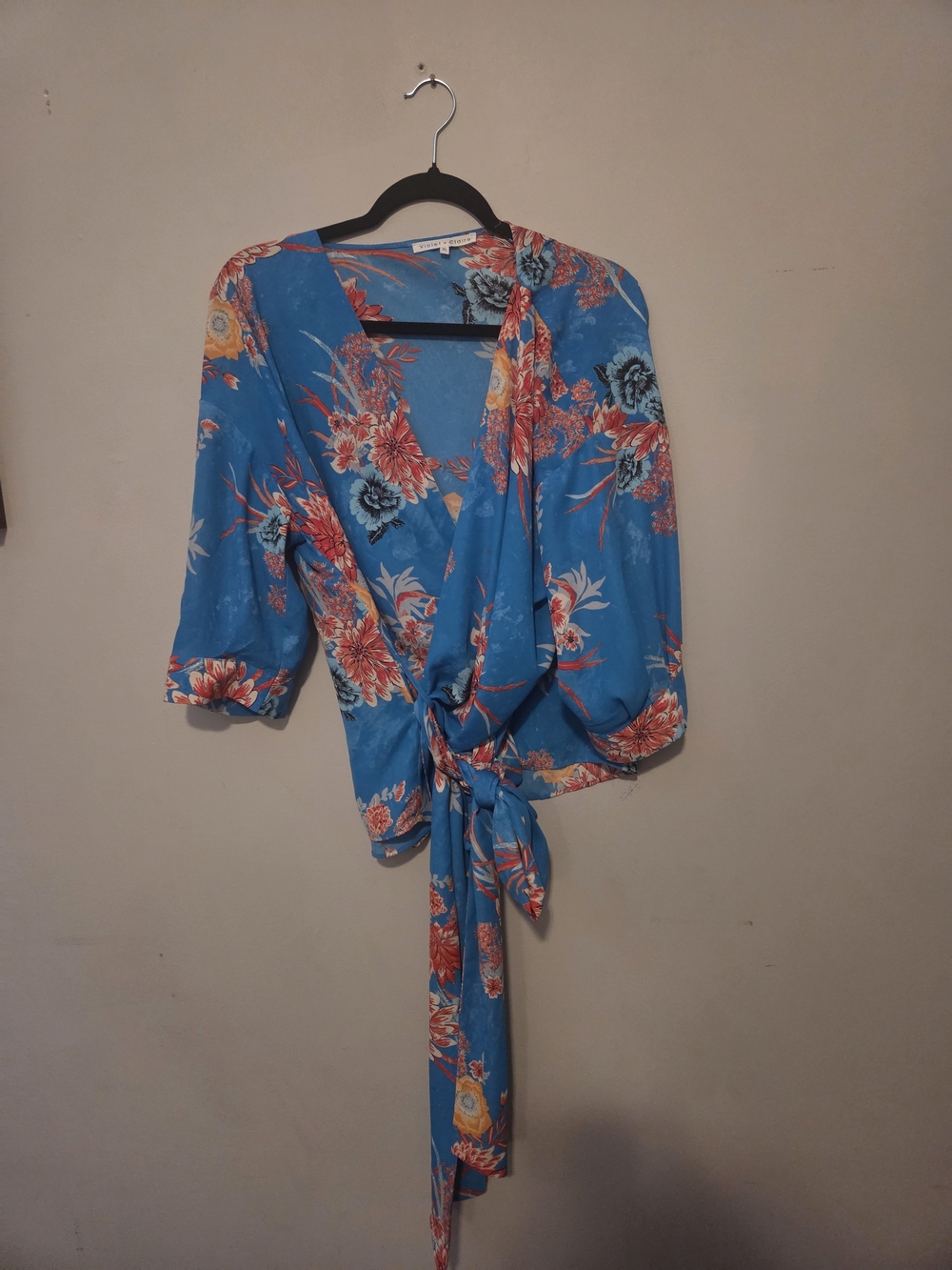 Violet & Claire Bright Turquoise Floral Wrap Blouse